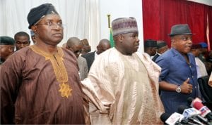 From Right: Pdp National Secretary, Prof. Wale Oladipo, Pdp National Chairman, Dr Ali Modu Sheriff, and Acting Chairman Of The Pdp NationalcWorking Committee, Uche Secondus, during the inauguration of Pdp Special Committee for the coming National Convention in Abuja recently