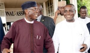 Minister of Agriculture and Rural Development, Chief Audu Ogbeh  (left), and Senior Special  Adviser to the President on National Assembly Matters (Senate), Senator Ita Enag, after the minister’s address to the House of Representatives on Diversification of Nigeria's economy and real-sector development, in Abuja last Wednesday.