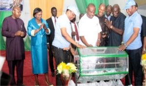 Rivers State Governor, Chief Nyesom Wike, accompanied by his Deputy, Dr. (Mrs) Ipalibo Harry Banigo (2nd left), Speaker, State House of Assembly, Rt. Hon. Adams Dabotorudima (Left), and others during the official launching of the Pilot Scheme of the “Win A Trip To Israel” (WATTI) organized by Nigerian Christian Pilgrim Commission, Rivers State.