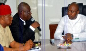 Speaker Rivers State House of Assembly, Rt. Hon. Adams Dabotorudima (right), listens to the Chairman House of Representatives Committee on Army, Hon Rimamnde Shawulu Kwewun (2nd left), Hon Dr Kingsley Ebenyi (1st left) during their visit to the RSHA recently. 