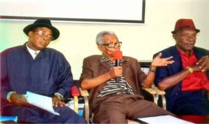 Chairman, Otonti Nduka Foundation, Prof Emeritus Otonti Nduka (middle), addressing a press briefing at the NUJ Secretariat, while representative of the Nigeria Academy of Education Committee, Prof. A. K. Orubite (right) and chairman, Organising Committee, Dr Hillary Wordu, watch.