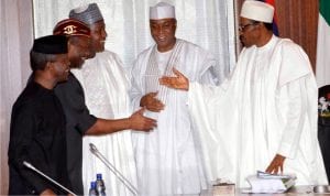 President Muhammadu Buhari (right), with  Vice-President Yemi Osinbajo (left), Minister of Budget and National Planing, Senetor Udoma Udo Udoma (2nd left), Speaker, House of Representatives, Yakubu Dogara (3rd left) and  Senate President Bukola Saraki, at the  signing of the 2016 Appropriation Bill into Law by President Buhari in Abuja, recently.