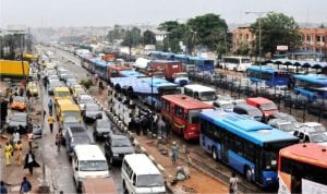 Traffic at Ojota following a down pour in Lagos, recently.