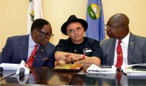 President, Nigeria Society of Engineeers (NSE), Engr Otis Anyoeji (left), exchanging pleasantries with his colleagues, Engr G. Massari (middle) and Engr Olusola Obadimu, during a press briefing at the Ernest Ikoli Press Centre, Port Harcourt, recently.