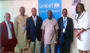 Rivers State Commissioner for Budget and Economic Planning, Hon Isaac Kamalu (3rd right), with Chief, UNICEF Field Office, Port Harcourt, Mr Wilbroad Ngambi (2nd right), Chief, UNICEF Field Office, Enugu, Mr Charles Nzuki (3rd left), UNICEF Officer in charge of Media and External Affairs, Mrs Ijeoma Ogwe (right), Permanent Secretary, Ministry of Budget and Economic Planning, Mr Felix O. Odungweru (2nd left) and Director, Planning/Programme Manager, UNICEF-Asstd PME, Mr Ikpe G. O, during a courtesy visit by UNICEF team to the commissioner in Port Harcourt, yesterday.