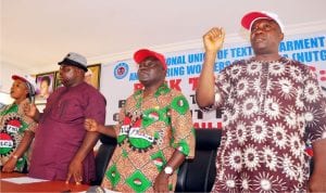 L-R: Executive member of the National Union of Textiles, Garments and Tailoring Workers of Nigeria (Nutgtwn), Mrs Jaciaya Obimma, President of Nutgtwn, Mr John Adaji, General Secretary, Mr Issa Aremu and Deputy General Secretary, Mr Dele Ojo, at a news conference on Workers Achievements, in Kaduna, recently