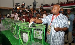 Rivers State Governor, Chief Nyesom Wike, casting his vote, during the state congress of the Peoples Democratic Party (PDP) at the Obi Wali International Conference Centre in Port Harcourt on Tuesday