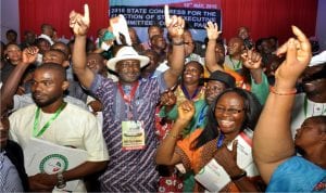 Rivers State Chairman, Peoples Democratic Party (PDP), Bro Felix Obuah (2nd left), celebrating his victory with party members, during the State Congress of the party in Port Harcourt on Tuesday. 