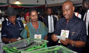 Rivers State Governor, Chief Nyesom Wike (right), his Deputy, Dr Ipalibo Harry Banigo and National Deputy  Chairman of  PDP, Prince Uche Secondus, casting their votes during the PDP South-South Zonal Congress in Port Harcourt on Saturday. 