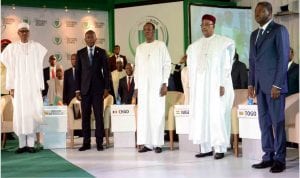 L-R: President Muhammadu Buhari, President Patrice Talon of Benin Republic, President Idriss Deby of Chad, President Mahamadou Issoufou of Niger and President Faure  Gnassingbé of Togo,  at the   2nd Regional Security Summit in Abuja on Saturday