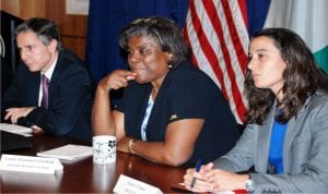 L-R: United States Deputy Secretary of State, Antony Blinken, US Assistant Secretary of State, Linda Thomas-Greenfield and Special Assistant to the Deputy Secretary, Erin Clancy, during the Media Round-Table on the 2nd  Regional Security Summit in Abuja on Friday.