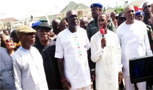 Governor Ifeanyi Okowa of Delta State (2nd right), Delta State Deputy Governor, Mr Kingsley Otuaro (right) and others, during the Peoples Democratic Party (PDP) State Congress in Asaba,  recently.