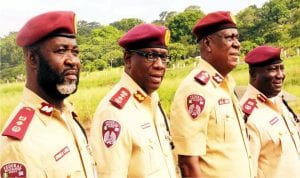 L-R: Deputy Corps Marshal, Mr Ademola Lawal, Corps Marshal, Mr Boboye Oyeyemi, Deputy Corps Marshal, Mr Adel Abu and Head of Media, Mr Bisi Kazeem, during the  Federal Road Safety Commission (FRSC) capacity building workshop for zonal and sector heads of operations in Enugu, recently.