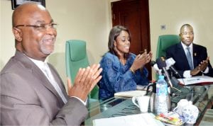 Permanent Secretary,  Ministry of Defence, Amb. Danjuma Sheni, Minister of Finance, Mrs Kemi Adeosun and Head, Presidential Initiative on Continuous Audit (PICA), Mr Mohammed Dikwa, at the PICA meeting in Abuja, yesterday.