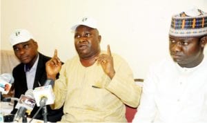 L-R:  Organising Secretary, Forum of Non-Governmental Organisations in Nigeria, Kehinde Arowosegbe, National Chairman of the forum, Wole Badmus and the Public Relation Officer, Mr Umar Mohammed, at a news conference on the deregulation of the Downstream Petroleum Sector in Abuja, yesterday. 