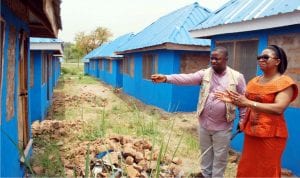 United Nations High Commissioner For Refugees (UNHCR), Head of Field Unit in Makurdi, Mr Sam Agwa (left),  with the UNHCR representative to Nigeria and ECOWAS, Mrs Angele Dikongue, during an inspection visit to the UNHCR 200 Room-Shelter Support Project for internally displaced persons in Guma Local Government Area of Benue, recently.