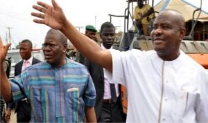 Rivers State Governor, Chief Nyesom Ezenwo Wike  (right), inspecting ongoing  projects  in  Port Harcourt and Obio/ Akpor Local Government Areas alongside PDP Chieftain,  Prince Emma Anyanwu, yesterday