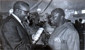 Chief of Staff, Government House, Port Harcourt, Engr Emeka Woke (right), chatting with state Commissioner for Power, Sir Michael Anwuri, during the thanksgiving service/reception ceremony in honour of the commissioner by the Anwuri Royal Family at St. John’s Anglican Church, Ndele, on Sunday.