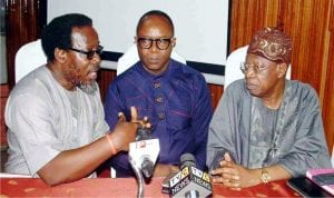 L-R: Executive Chairman, Coalition Against Corrupt Leaders, Debo Adeniran, Minister of State for Petroleum, Mr Ibe Kachikwu and Minister of Information and Culture, Alhaji Lai Muhammed, at the interactive session of the Ministers with Coalition of Civil Society Organisations and other officials on the issue arising from the recent increase in the pump price of petrol in Lagos on Monday.