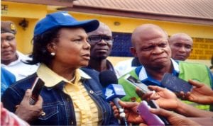 Rivers State Commissioner for Environment, Prof Roseline Konya (left), briefing journalists during a monthly sanitation exercise in Port Harcourt, recently. With her is State Director, National Orientation Agency (NOA), Mr Oliver Worlugbum (right), in Port Harcourt, recenlty.