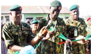 L-R: Commander, 2 Brigade Nigeria Army, Port Harcourt, Brig.-Gen. Stevenson Olabanji, Chief of Army Staff, Lt.-Gen. Tukur Buratai and General Officer Commanding 82 Division, Enugu, Maj.-Gen Ibrahim Attahiru, at the inauguration of Soldiers Accommodation at 2 Brigade in Port Harcourt, yesterday