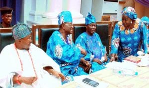 L-R: Oluwo of Iwo, Oba Abdulrasheed Adewale, representative of Chief Olusegun Obasanjo, Dr Femi Majekodunmi, Facilitator, Chief Abiola Ogundokun and a guest lecturer, Dr Comfort Momoh, during a summit on Zero Tolerance for Female Genital Mutilation organised for Circumcision Descendants Assocaition of Nigeria in Ibadan on Monday. 