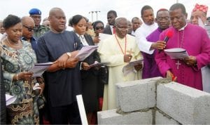 L-R: Deputy Governor of Rivers State, Dr Ipalibo Harry-Banigo, Governor Nyesom Wike, his wife, Suzzeth, the Methodist Primate, Rev. Samuel Uche, Anglican Archbishop of the Niger Deltas, North Diocese, Archbishop Ignatius Kattey and Primate of All Nigeria Anglican Communion, His Grace Most Rev Nicholas Okoh, at the inauguration of the Ecumenical Centre in Port Harcourt on Wednesday, as part of activities to mark the governor’s one year in office.
