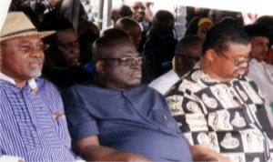 L-R: Former Minister of Transport, Dr. Abiye Sekibo, PDP chieftain, Chief Sergent Awuse and Senator Lee Maeba, during the commissioning of Alesa, Okerewa-Aleto Eleme Booster Water Station, yesterday by Governor Nyesom Wike. Photo: Egberi A. Sampson