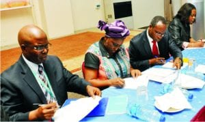 L-R:  Deputy Representative, UNICEF Nigeria, Mr Samuel Momanyi, Country Director, Actionaid, Mrs Ojobo Atuluk, Deputy Representative, UNFPA Nigeria, Mr Koffi Koluame and Deputy Representative, UNFPA, Mrs Prigitte Mokanga-Eno, during the UNFPA signing ceremony for Information Sharing Protocol of Gender-based Violence Information Management Service and handover of equipment in Abuja, recently