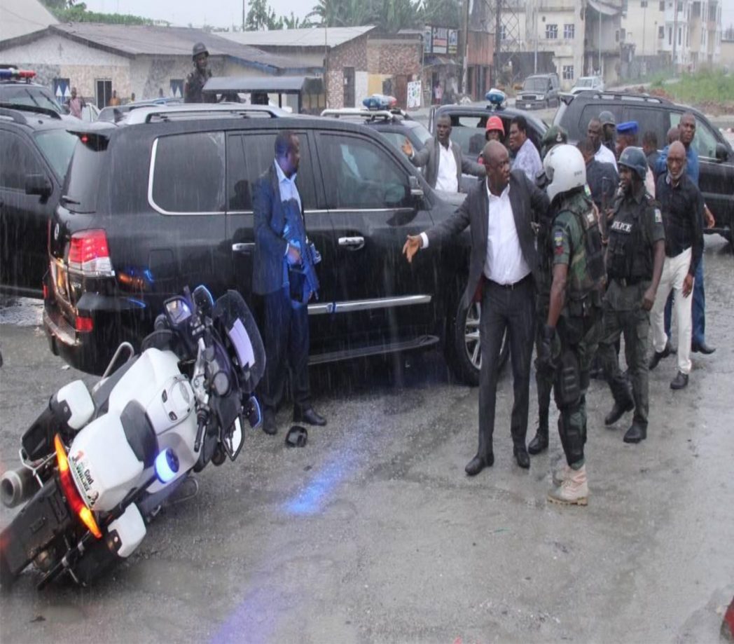 Scene of the attack on the convoy of the Rivers State Governor, Chief Nyesom Wike by soldiers and SARS personnel attached to the Minister of Transportation, Mr Chibuike Rotimi Amaechi at Nwaja junction on the Trans-Amadi road in Port Harcourt, last Saturday. 