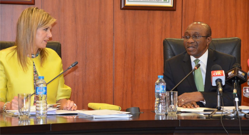 Governor, Central Bank of Nigeria (CBN), Mr. Godwin Emefiele, with Queen Maxima Zorreguieta of the Kingdom of Netherlands, during the Queen's visit to CBN in Abuja, last Wednesday.