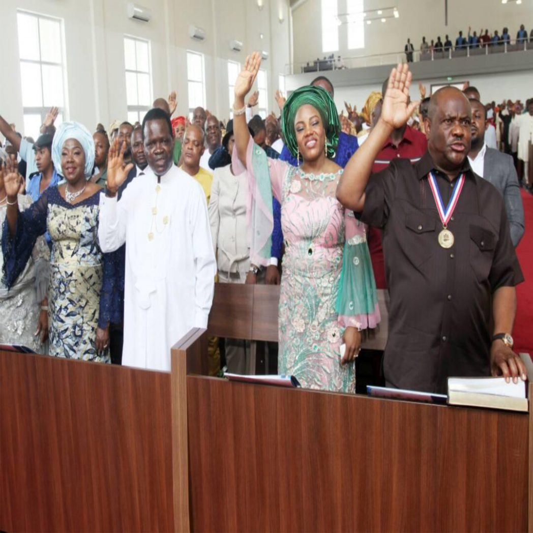 Rivers State Governor, Chief Nyesom  Wike (right), with his wife, Justice Eberechi Suzzette Nyesom-Wike (2nd right), Speaker,  Rivers State House of Assembly, Rt Hon Ikuinyi-Owaji Ibani (middle) and Rivers State Chief Judge, Justice Adama Iyaye-Laminkara, during a Thanksgiving Service at the State Ecumenical Centre in Port Harcourt, yesterday  to mark the "Global Human Settlements Outstanding Contribution Award presented  to Governor Wike by the Sustainable Cities and Human Settlements Awards (SCAHSA)  in New York City, recently.. 