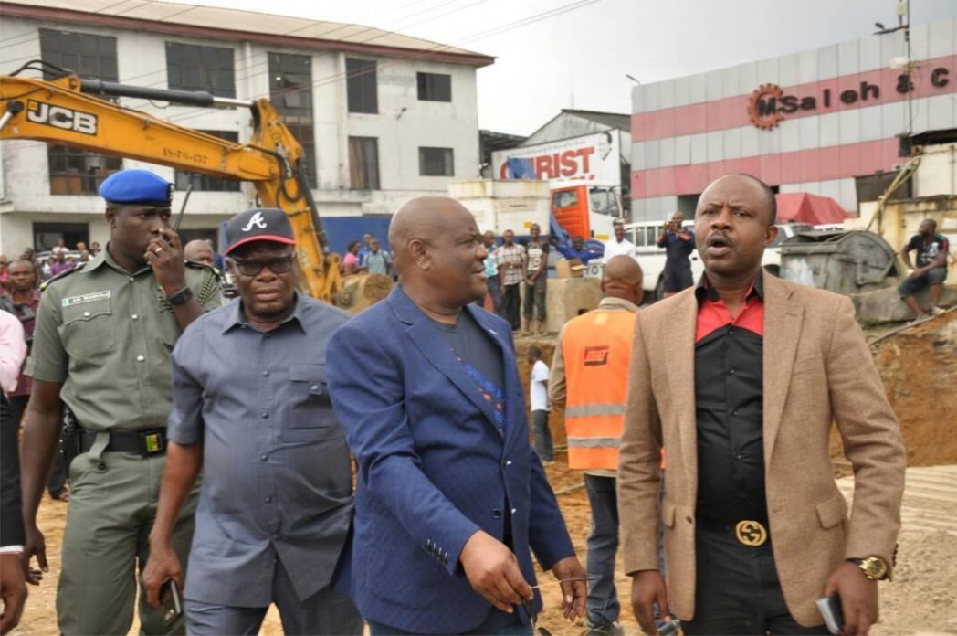 Rivers State Governor, Chief Nyesom  Wike  (middle), with former Minister of Sports, Dr Tammy Danagogo (right) and Prince Emma Anyanwu, during project inspection after the return  of the Governor to Port Harcourt, yesterday. 