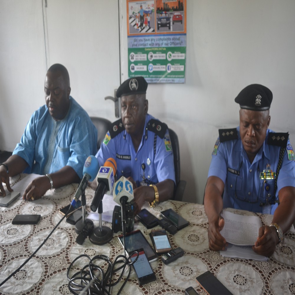 Rivers State Deputy Commissioner of Police, DCP Ahmed G. Magaji (middle), addressing newsmen on the activities of the command in Port Harcourt, last Friday. With him are Commander in charge of State Investigation ad Intelligence Department (SIIB), Felix Vwanhi (left) and Police Public Relations Officer, DSP Nnamdi Omoni. Photo: Nwiueh Donatus Ken