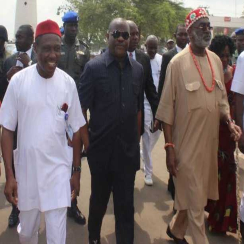 Rivers State Governor, Chief Nyesom Wike  (middle), Secretary of the PDP Caretaker Committee, Senator Ben Obi (right) and Vice Chancellor, Nnamdi Azikiwe University, Awka, Prof. Joseph Aheneku, during the 6th Zik Lecture Series at the Nnamdi Azikiwe University, Awka, yesterday. 