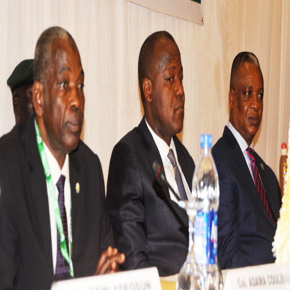 L-R: Director-General, Inter-Governmental Action Group Against Money Laundering  of West Africa (GIABA), retired Colonel Adamu Coulibaly, Speaker, House of Representatives, Yakubu Dogora and representative of the Minister of Justice, Mr Silvester Emanobi, during the 28th GIABA Technical Commission and 18th Ministerial Committee meeting in Abuja, yesterday.